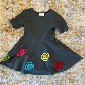 Hanna Andersson Black Dress with Multicolor Spiral Appliqués
